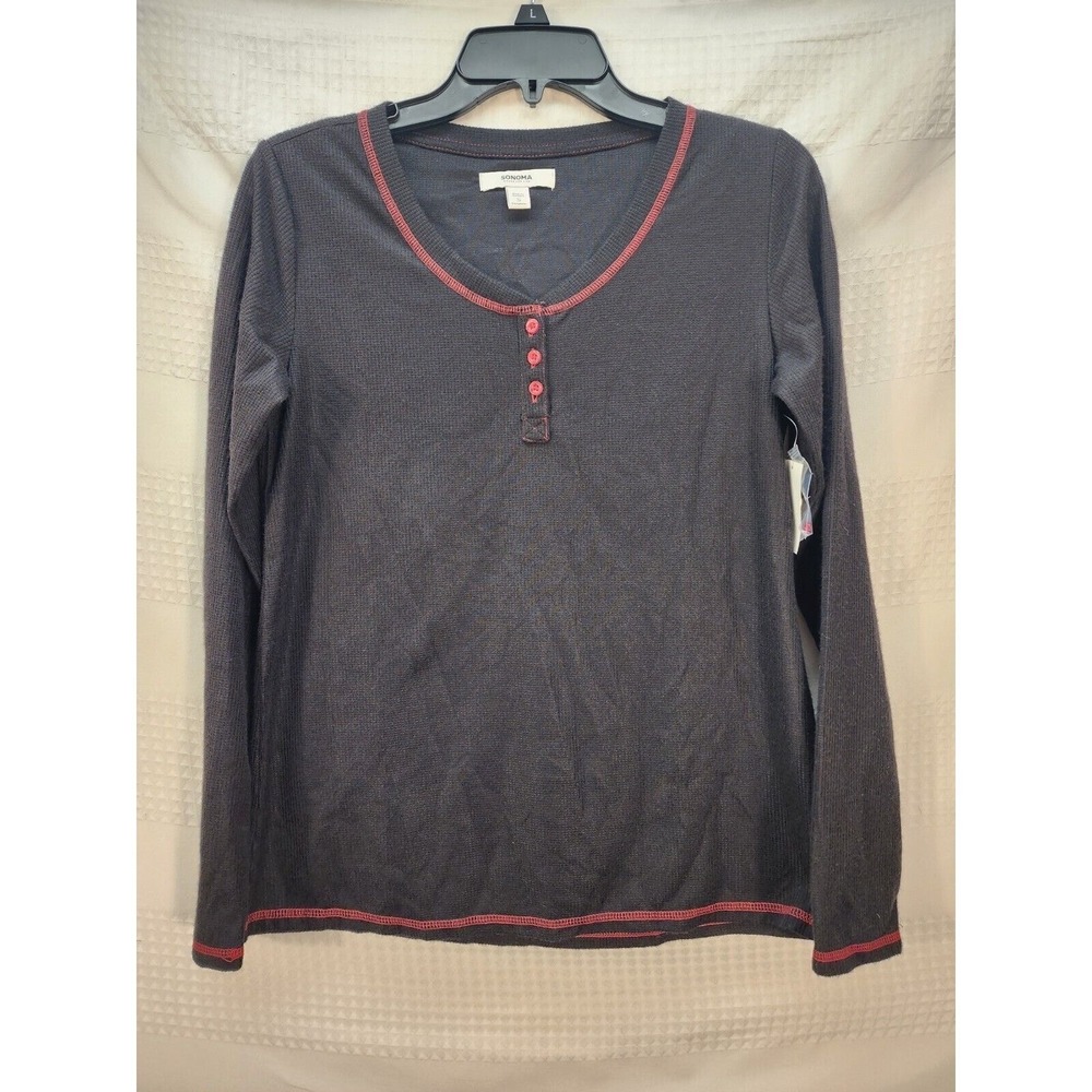 Sonoma Thermal Sleep Top Womens Small Black Waffle Knit Henley Long Sleeve NEW